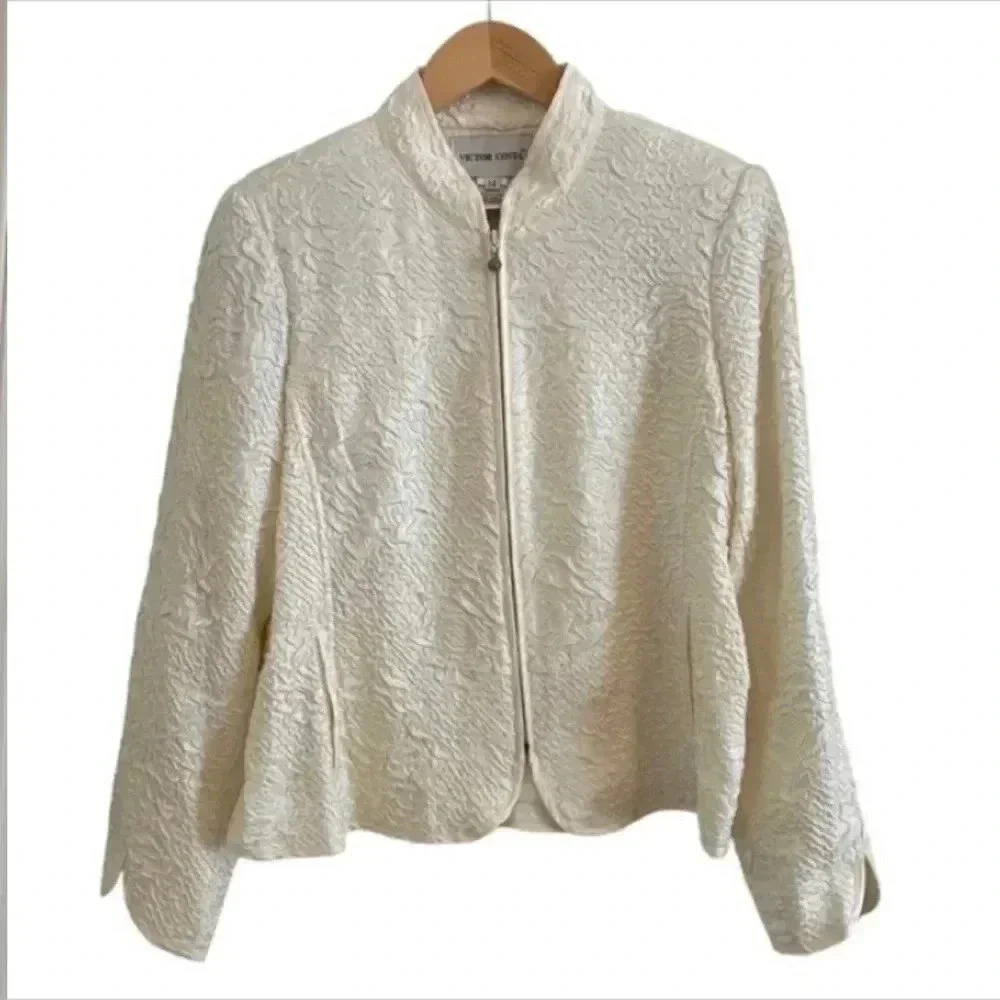 Victor Costa Womens White Gathered Fabric Light Jacket